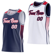 Charger l'image dans la galerie, Custom Navy White-Red Side Panel Stripe Geometric Triangle Gradient Dot Reversible Double Side Sublimation Basketball Set Jersey