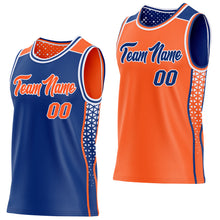 Laden Sie das Bild in den Galerie-Viewer, Custom Royal Orange-White Side Panel Stripe Geometric Triangle Gradient Dot Reversible Double Side Sublimation Basketball Set Jersey