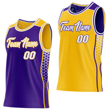 Laden Sie das Bild in den Galerie-Viewer, Custom Purple White-Gold Side Panel Stripe Geometric Triangle Gradient Dot Reversible Double Side Sublimation Basketball Set Jersey