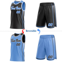 Load image into Gallery viewer, Custom Black Light Blue-White Side Panel Stripe Geometric Triangle Gradient Dot Reversible Double Side Sublimation Basketball Set Jersey