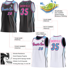 Charger l'image dans la galerie, Custom Black Pink Sky Blue-White Side Panel Stripe Geometric Triangle Gradient Dot Reversible Double Side Sublimation Basketball Set Jersey