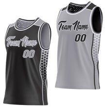 Laden Sie das Bild in den Galerie-Viewer, Custom Black Gray-White Side Panel Stripe Geometric Triangle Gradient Dot Reversible Double Side Sublimation Basketball Set Jersey