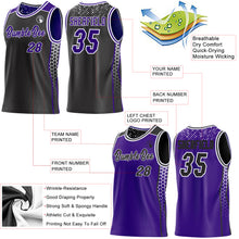 Load image into Gallery viewer, Custom Black Purple-White Side Panel Stripe Geometric Triangle Gradient Dot Reversible Double Side Sublimation Basketball Set Jersey
