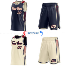 Laden Sie das Bild in den Galerie-Viewer, Custom Navy Cream-Maroon Side Panel Stripe Geometric Triangle Gradient Dot Reversible Double Side Sublimation Basketball Set Jersey