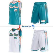 Charger l'image dans la galerie, Custom Teal White-Orange Side Panel Stripe Geometric Triangle Gradient Dot Reversible Double Side Sublimation Basketball Set Jersey