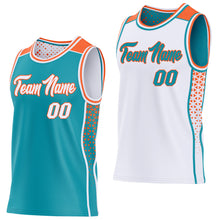 Charger l'image dans la galerie, Custom Teal White-Orange Side Panel Stripe Geometric Triangle Gradient Dot Reversible Double Side Sublimation Basketball Set Jersey