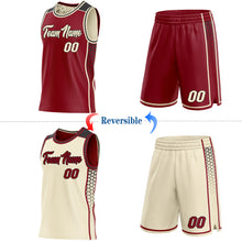 Load image into Gallery viewer, Custom Maroon Cream-Black Side Panel Stripe Geometric Triangle Gradient Dot Reversible Double Side Sublimation Basketball Set Jersey