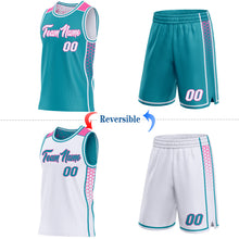 Laden Sie das Bild in den Galerie-Viewer, Custom Teal White-Pink Side Panel Stripe Geometric Triangle Gradient Dot Reversible Double Side Sublimation Basketball Set Jersey