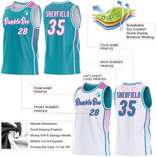 Laden Sie das Bild in den Galerie-Viewer, Custom Teal White-Pink Side Panel Stripe Geometric Triangle Gradient Dot Reversible Double Side Sublimation Basketball Set Jersey