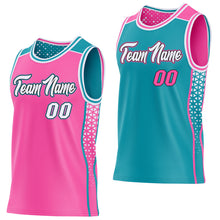 Laden Sie das Bild in den Galerie-Viewer, Custom Pink White Black-Teal Side Panel Stripe Geometric Triangle Gradient Dot Reversible Double Side Sublimation Basketball Set Jersey
