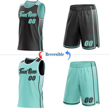 Загрузить изображение в средство просмотра галереи, Custom Black Ice Blue-White Side Panel Stripe Geometric Triangle Gradient Dot Reversible Double Side Sublimation Basketball Set Jersey
