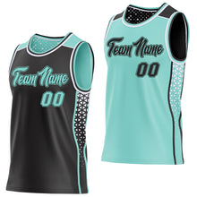 Загрузить изображение в средство просмотра галереи, Custom Black Ice Blue-White Side Panel Stripe Geometric Triangle Gradient Dot Reversible Double Side Sublimation Basketball Set Jersey