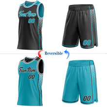 Laden Sie das Bild in den Galerie-Viewer, Custom Black Teal-White Side Panel Stripe Geometric Triangle Gradient Dot Reversible Double Side Sublimation Basketball Set Jersey