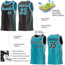 Laden Sie das Bild in den Galerie-Viewer, Custom Black Teal-White Side Panel Stripe Geometric Triangle Gradient Dot Reversible Double Side Sublimation Basketball Set Jersey