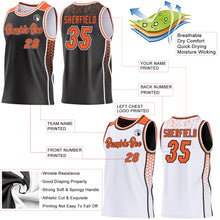 Charger l'image dans la galerie, Custom Black Orange-White Side Panel Stripe Geometric Triangle Gradient Dot Reversible Double Side Sublimation Basketball Set Jersey