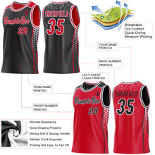 Charger l'image dans la galerie, Custom Black Red-White Side Panel Stripe Geometric Triangle Gradient Dot Reversible Double Side Sublimation Basketball Set Jersey