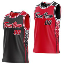 Charger l'image dans la galerie, Custom Black Red-White Side Panel Stripe Geometric Triangle Gradient Dot Reversible Double Side Sublimation Basketball Set Jersey