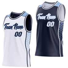 Laden Sie das Bild in den Galerie-Viewer, Custom White Navy-Light Blue Side Panel Stripe Geometric Triangle Gradient Dot Reversible Double Side Sublimation Basketball Set Jersey