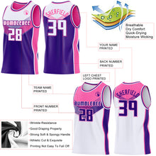 Load image into Gallery viewer, Custom White Purple-Pink Side Panel Stripe Geometric V-Cut Color Block Reversible Double Side Sublimation Basketball Set Jersey