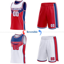 Laden Sie das Bild in den Galerie-Viewer, Custom White Red-Royal Side Panel Stripe Geometric V-Cut Color Block Reversible Double Side Sublimation Basketball Set Jersey