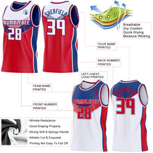 Laden Sie das Bild in den Galerie-Viewer, Custom White Red-Royal Side Panel Stripe Geometric V-Cut Color Block Reversible Double Side Sublimation Basketball Set Jersey