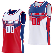 Laden Sie das Bild in den Galerie-Viewer, Custom White Red-Royal Side Panel Stripe Geometric V-Cut Color Block Reversible Double Side Sublimation Basketball Set Jersey