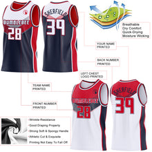 Charger l'image dans la galerie, Custom White Navy-Red Side Panel Stripe Geometric V-Cut Color Block Reversible Double Side Sublimation Basketball Set Jersey