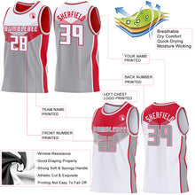 Laden Sie das Bild in den Galerie-Viewer, Custom White Gray-Red Side Panel Stripe Geometric V-Cut Color Block Reversible Double Side Sublimation Basketball Set Jersey