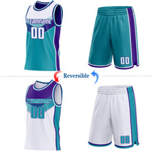 Load image into Gallery viewer, Custom White Teal-Purple Side Panel Stripe Geometric V-Cut Color Block Reversible Double Side Sublimation Basketball Set Jersey