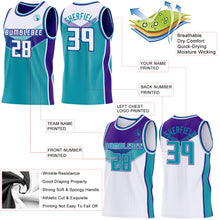 Load image into Gallery viewer, Custom White Teal-Purple Side Panel Stripe Geometric V-Cut Color Block Reversible Double Side Sublimation Basketball Set Jersey