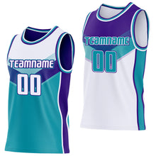 Load image into Gallery viewer, Custom White Teal-Purple Side Panel Stripe Geometric V-Cut Color Block Reversible Double Side Sublimation Basketball Set Jersey