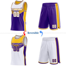 Charger l'image dans la galerie, Custom White Purple-Gold Side Panel Stripe Geometric V-Cut Color Block Reversible Double Side Sublimation Basketball Set Jersey