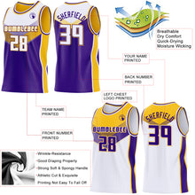 Charger l'image dans la galerie, Custom White Purple-Gold Side Panel Stripe Geometric V-Cut Color Block Reversible Double Side Sublimation Basketball Set Jersey