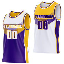 Charger l'image dans la galerie, Custom White Purple-Gold Side Panel Stripe Geometric V-Cut Color Block Reversible Double Side Sublimation Basketball Set Jersey
