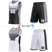Laden Sie das Bild in den Galerie-Viewer, Custom White Black-Gray Side Panel Stripe Geometric V-Cut Color Block Reversible Double Side Sublimation Basketball Set Jersey