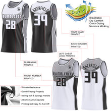 Laden Sie das Bild in den Galerie-Viewer, Custom White Black-Gray Side Panel Stripe Geometric V-Cut Color Block Reversible Double Side Sublimation Basketball Set Jersey