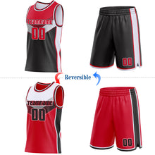 Laden Sie das Bild in den Galerie-Viewer, Custom Red Black-White Side Panel Stripe Geometric V-Cut Color Block Reversible Double Side Sublimation Basketball Set Jersey