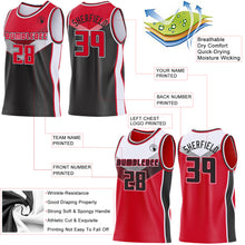 Laden Sie das Bild in den Galerie-Viewer, Custom Red Black-White Side Panel Stripe Geometric V-Cut Color Block Reversible Double Side Sublimation Basketball Set Jersey