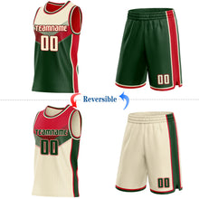 Laden Sie das Bild in den Galerie-Viewer, Custom Cream Green-Red Side Panel Stripe Geometric V-Cut Color Block Reversible Double Side Sublimation Basketball Set Jersey