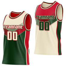 Laden Sie das Bild in den Galerie-Viewer, Custom Cream Green-Red Side Panel Stripe Geometric V-Cut Color Block Reversible Double Side Sublimation Basketball Set Jersey