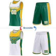 Laden Sie das Bild in den Galerie-Viewer, Custom White Kelly Green-Gold Side Panel Stripe Geometric V-Cut Color Block Reversible Double Side Sublimation Basketball Set Jersey