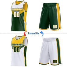 Laden Sie das Bild in den Galerie-Viewer, Custom White Green-Gold Side Panel Stripe Geometric V-Cut Color Block Reversible Double Side Sublimation Basketball Set Jersey