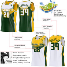 Laden Sie das Bild in den Galerie-Viewer, Custom White Green-Gold Side Panel Stripe Geometric V-Cut Color Block Reversible Double Side Sublimation Basketball Set Jersey