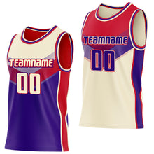Charger l'image dans la galerie, Custom Cream Purple-Red Side Panel Stripe Geometric V-Cut Color Block Reversible Double Side Sublimation Basketball Set Jersey