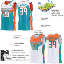 Laden Sie das Bild in den Galerie-Viewer, Custom White Teal-Orange Side Panel Stripe Geometric V-Cut Color Block Reversible Double Side Sublimation Basketball Set Jersey
