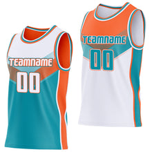 Laden Sie das Bild in den Galerie-Viewer, Custom White Teal-Orange Side Panel Stripe Geometric V-Cut Color Block Reversible Double Side Sublimation Basketball Set Jersey