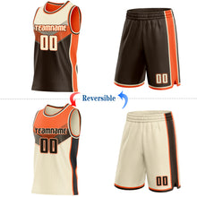Laden Sie das Bild in den Galerie-Viewer, Custom Cream Brown-Orange Side Panel Stripe Geometric V-Cut Color Block Reversible Double Side Sublimation Basketball Set Jersey