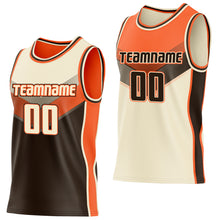 Laden Sie das Bild in den Galerie-Viewer, Custom Cream Brown-Orange Side Panel Stripe Geometric V-Cut Color Block Reversible Double Side Sublimation Basketball Set Jersey