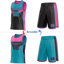 Charger l'image dans la galerie, Custom Teal Black-Pink Side Panel Stripe Geometric V-Cut Color Block Reversible Double Side Sublimation Basketball Set Jersey