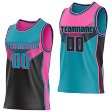 Charger l'image dans la galerie, Custom Teal Black-Pink Side Panel Stripe Geometric V-Cut Color Block Reversible Double Side Sublimation Basketball Set Jersey